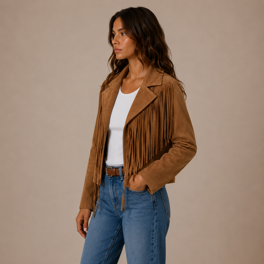 Kurze Wildleder-Fransenjacke mit breitem Kragen