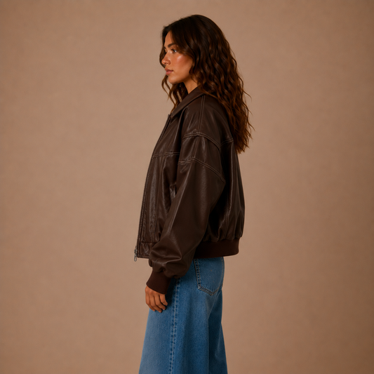 Oversized Retro Leder-Bomberjacke mit Kontrastnähten