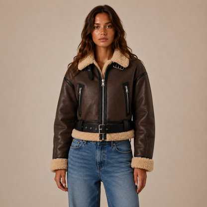 Kurze Aviator-Jacke mit Teddyfell-Besatz und Gürtel