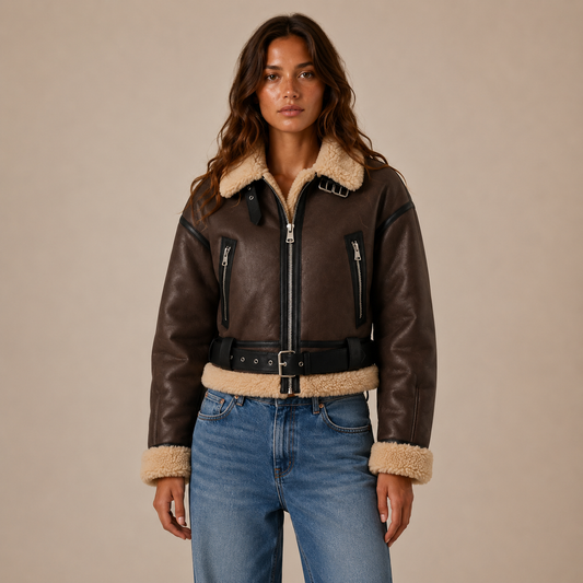 Kurze Aviator-Jacke mit Teddyfell-Besatz und Gürtel
