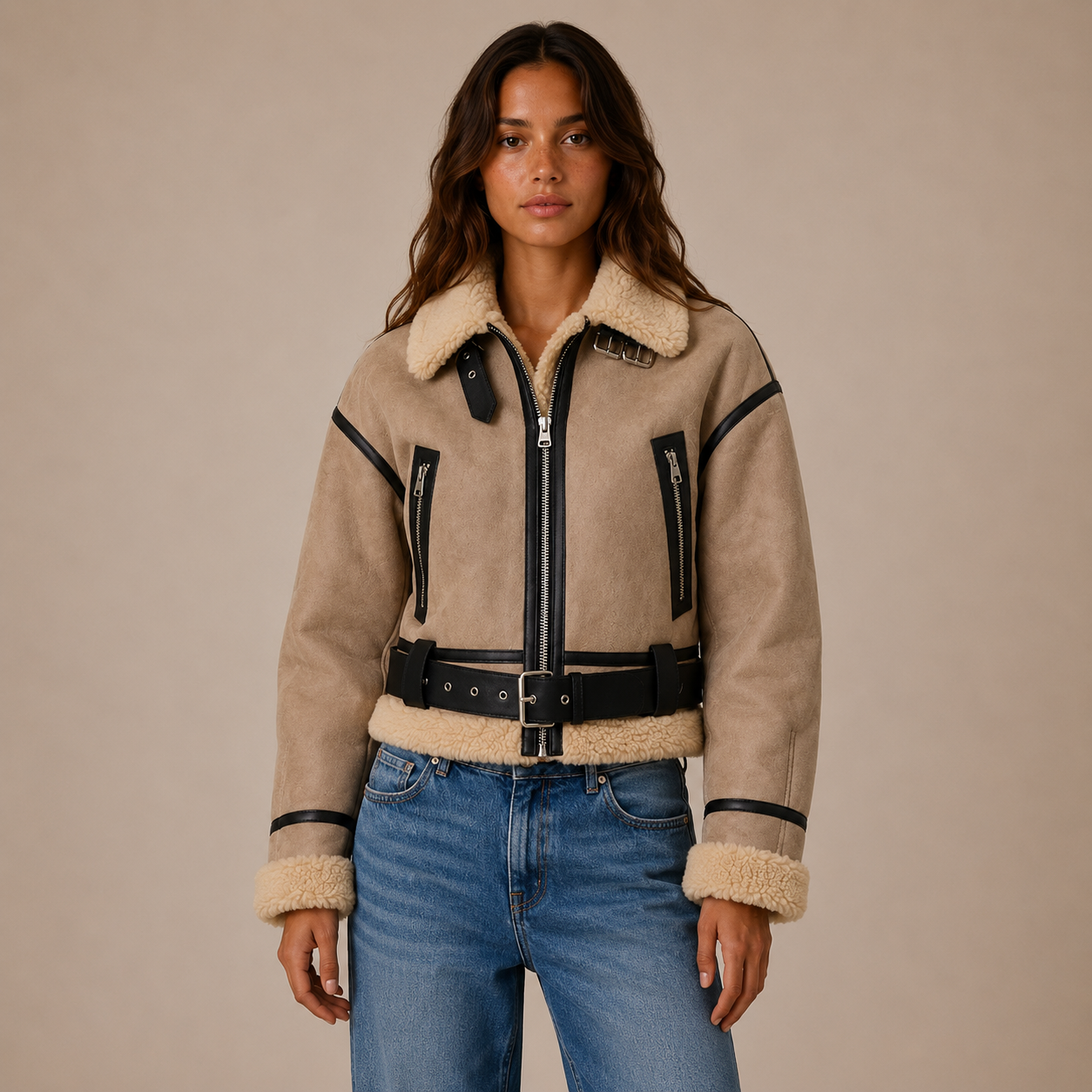 Kurze Aviator-Jacke mit Teddyfell-Besatz und Gürtel