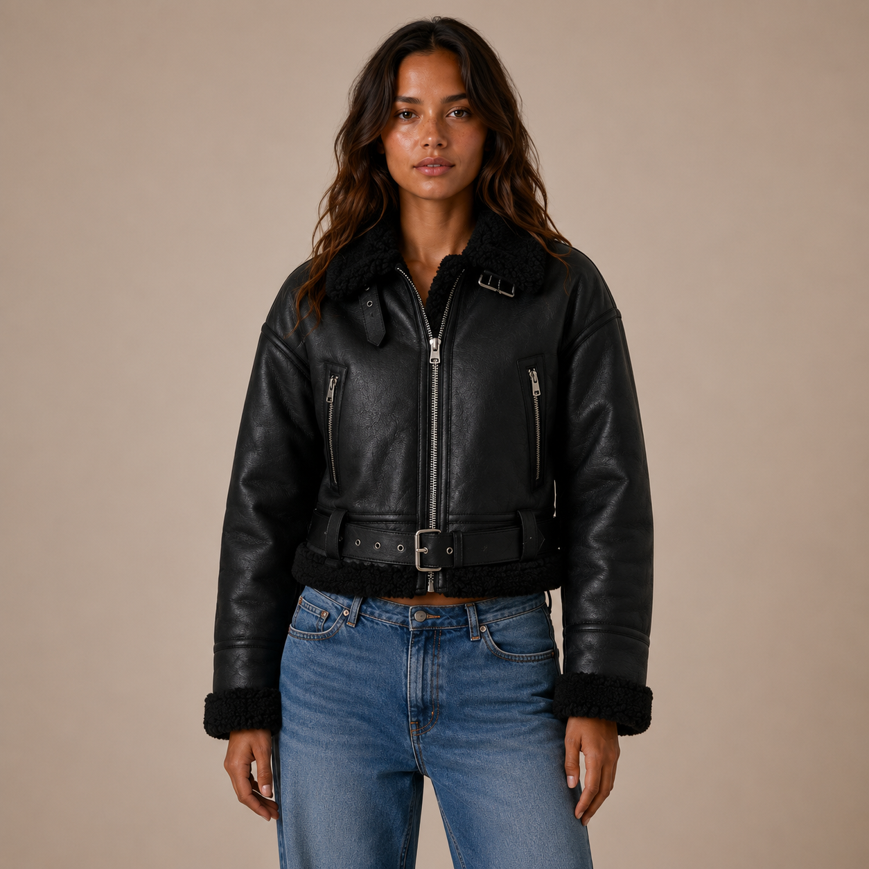 Kurze Aviator-Jacke mit Teddyfell-Besatz und Gürtel