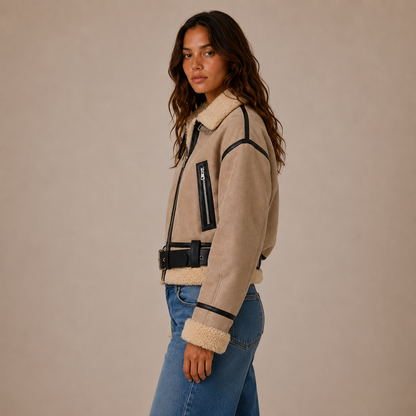 Kurze Aviator-Jacke mit Teddyfell-Besatz und Gürtel