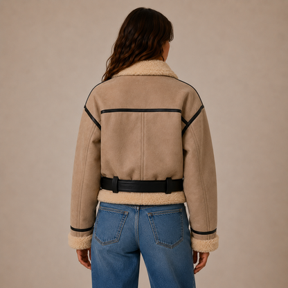 Kurze Aviator-Jacke mit Teddyfell-Besatz und Gürtel