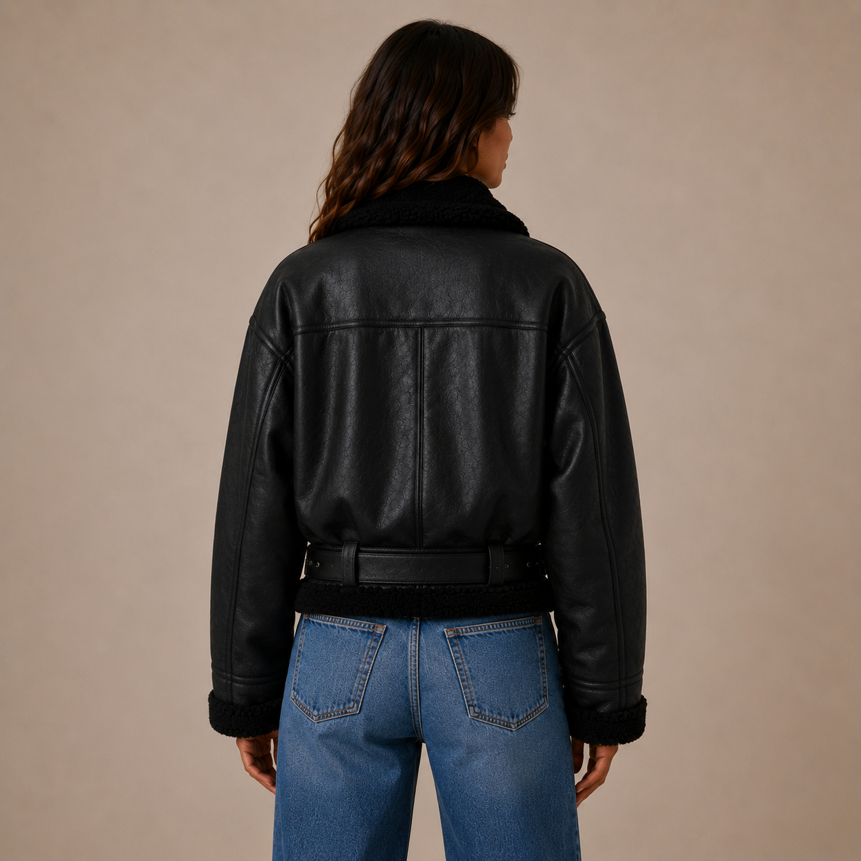 Kurze Aviator-Jacke mit Teddyfell-Besatz und Gürtel