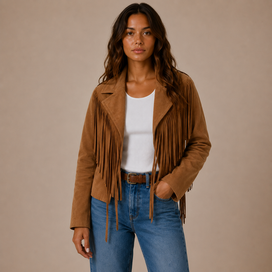Kurze Wildleder-Fransenjacke mit breitem Kragen