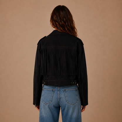Kurze Wildleder-Fransenjacke mit breitem Kragen