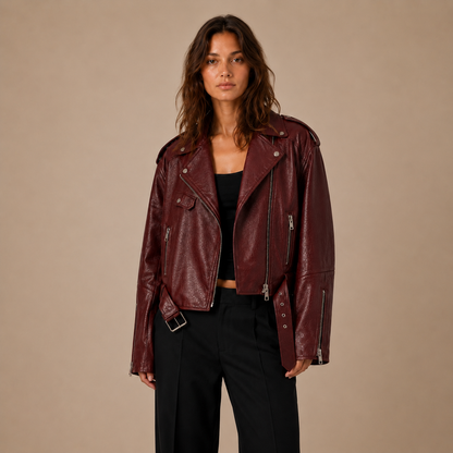 Oversized Leder-Bikerjacke mit Schnallengürtel