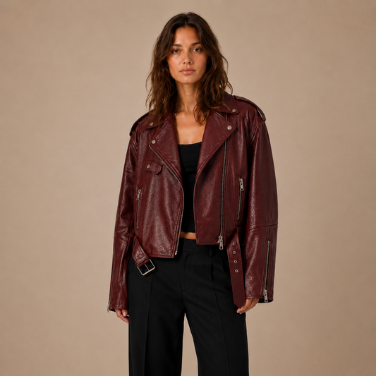 Oversized Leder-Bikerjacke mit Schnallengürtel