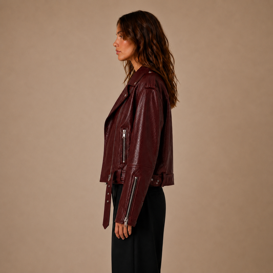 Oversized Leder-Bikerjacke mit Schnallengürtel