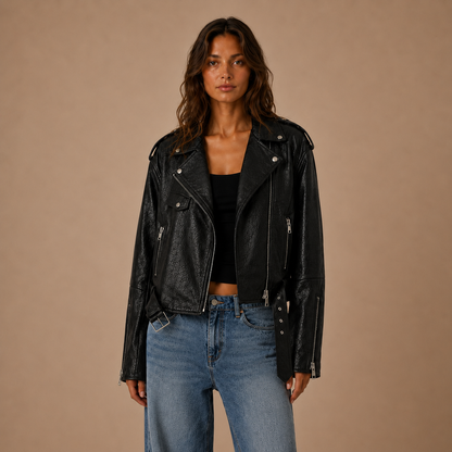 Oversized Leder-Bikerjacke mit Schnallengürtel