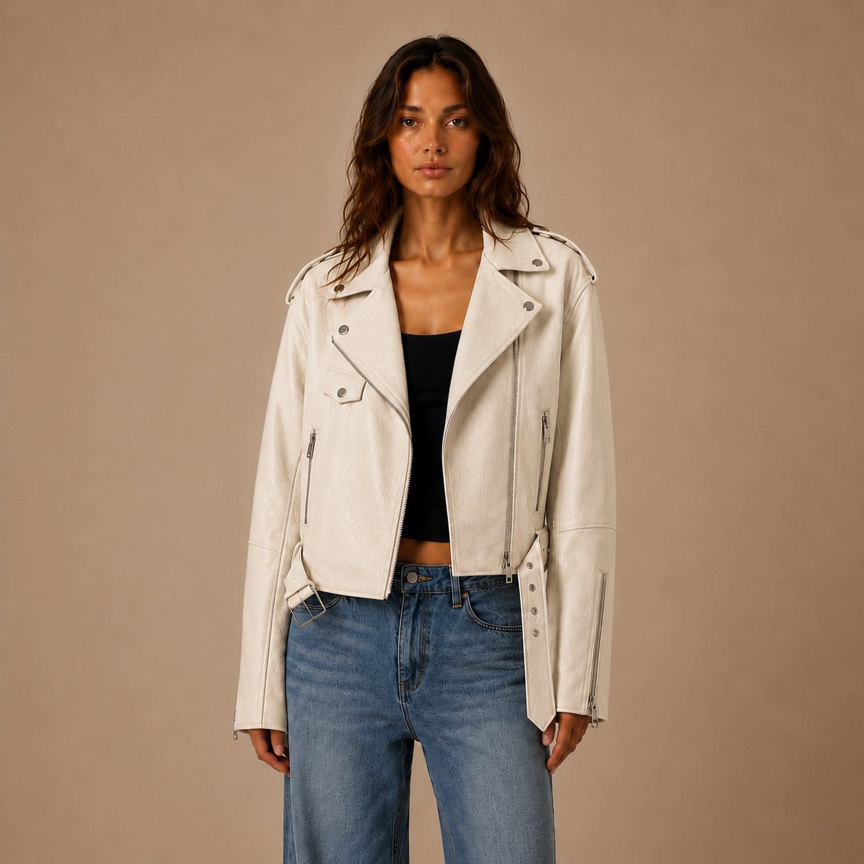 Oversized Leder-Bikerjacke mit Schnallengürtel