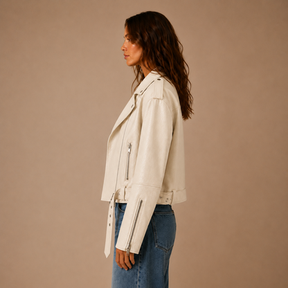 Oversized Leder-Bikerjacke mit Schnallengürtel