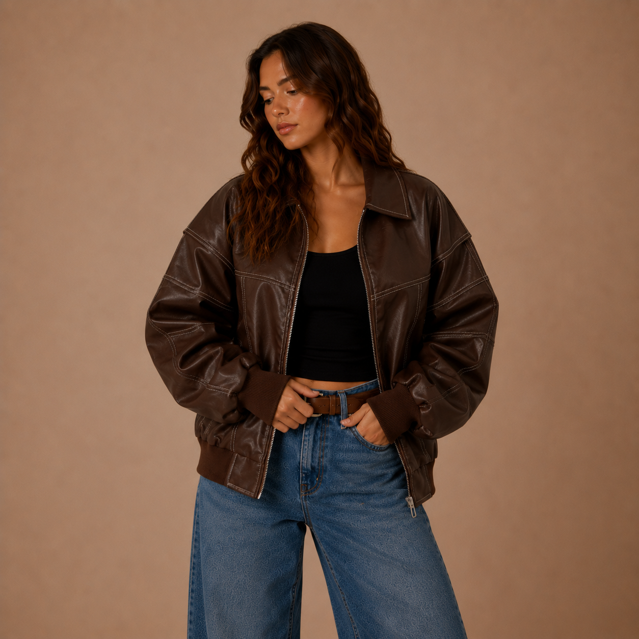 Oversized Retro Leder-Bomberjacke mit Kontrastnähten