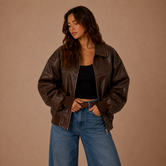 Oversized Retro Leder-Bomberjacke mit Kontrastnähten