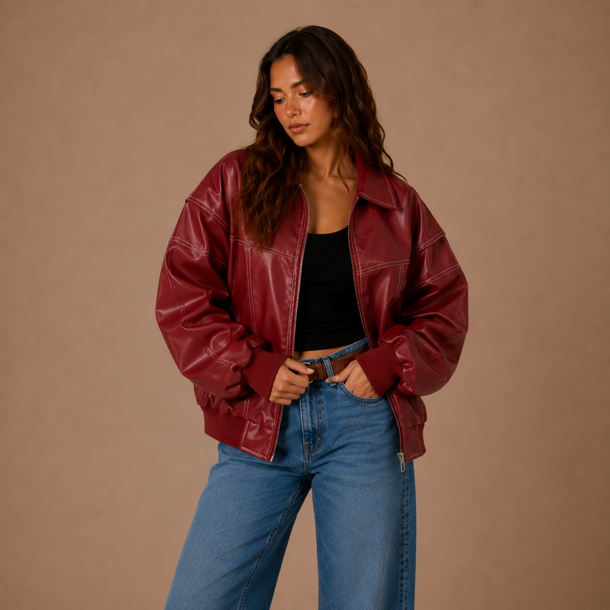 Oversized Retro Leder-Bomberjacke mit Kontrastnähten