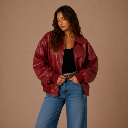 Oversized Retro Leder-Bomberjacke mit Kontrastnähten