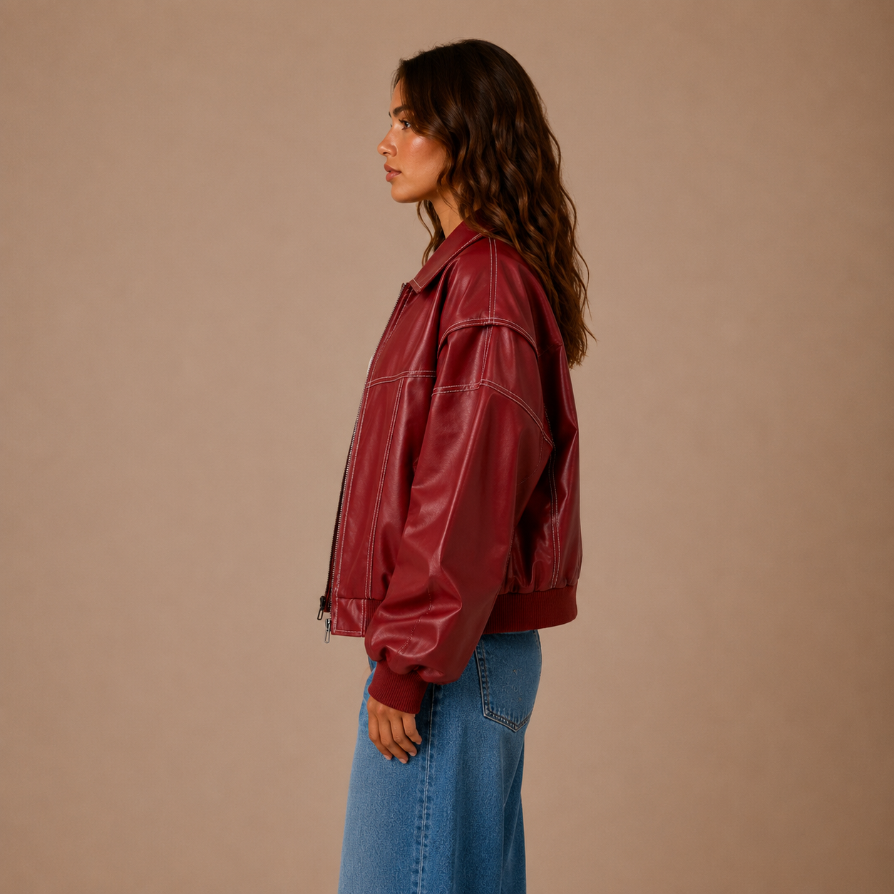 Oversized Retro Leder-Bomberjacke mit Kontrastnähten