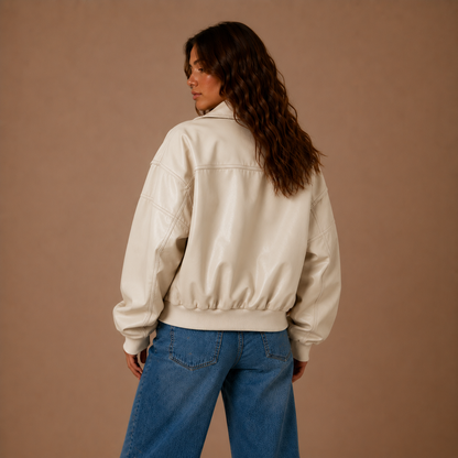 Oversized Retro Leder-Bomberjacke mit Kontrastnähten