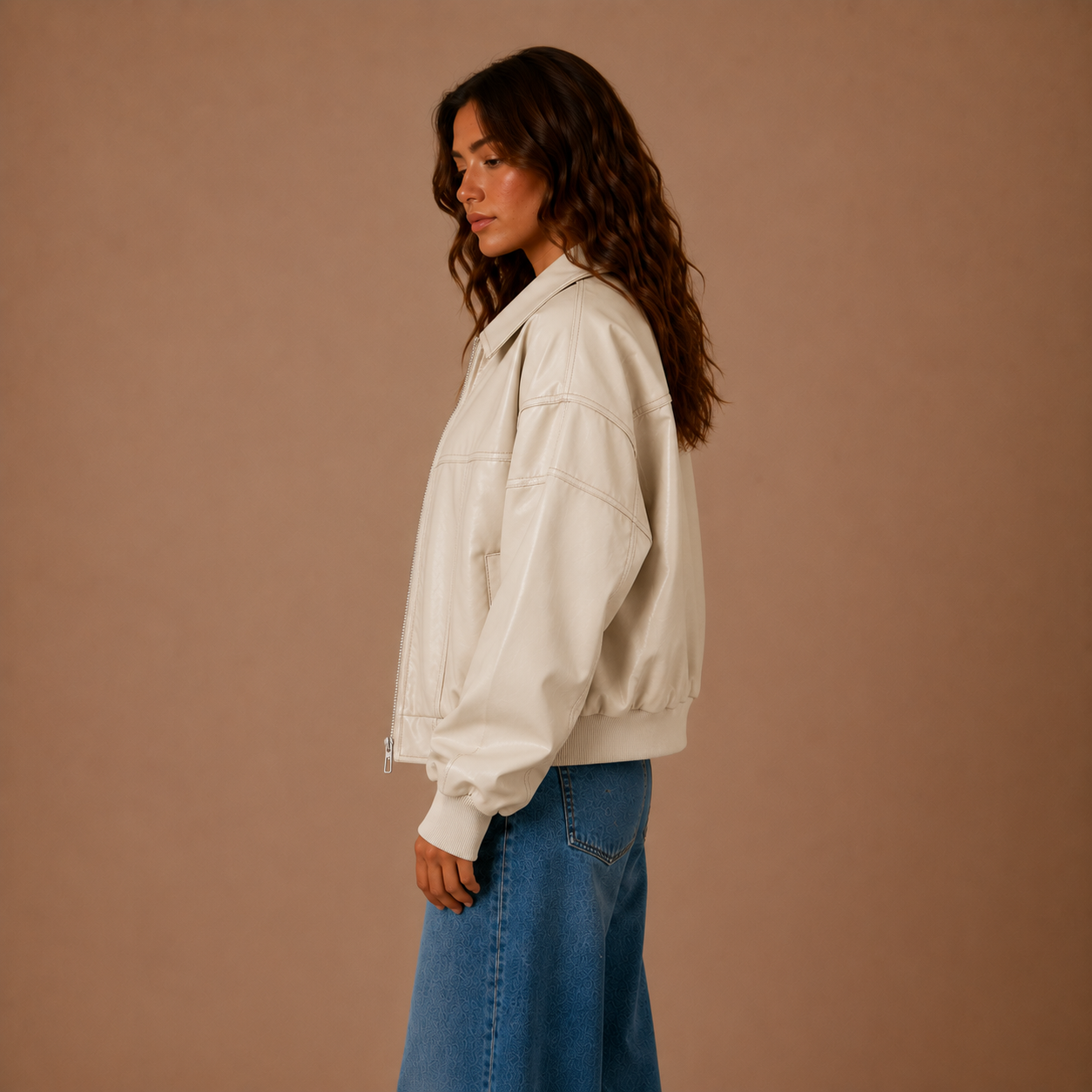 Oversized Retro Leder-Bomberjacke mit Kontrastnähten