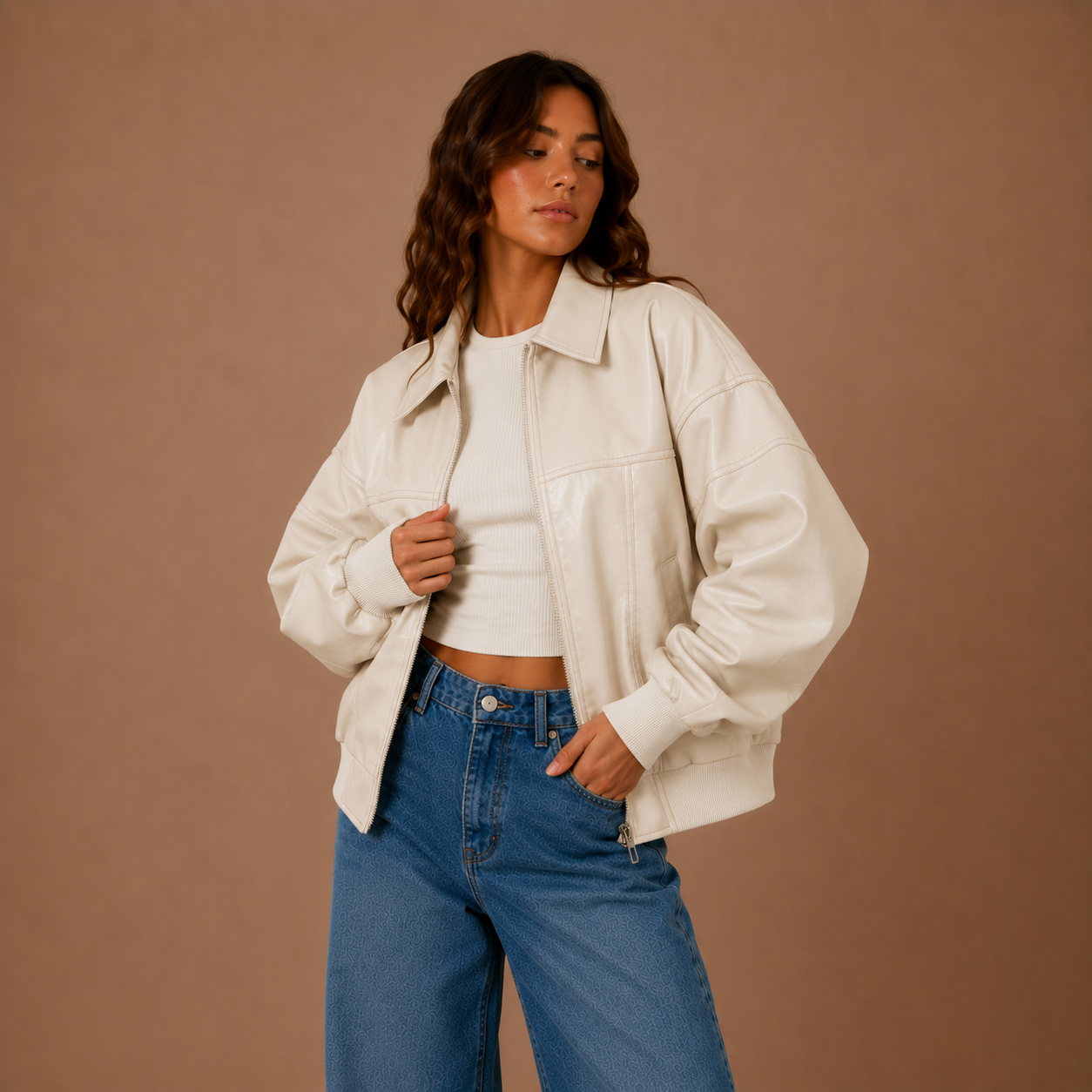 Oversized Retro Leder-Bomberjacke mit Kontrastnähten